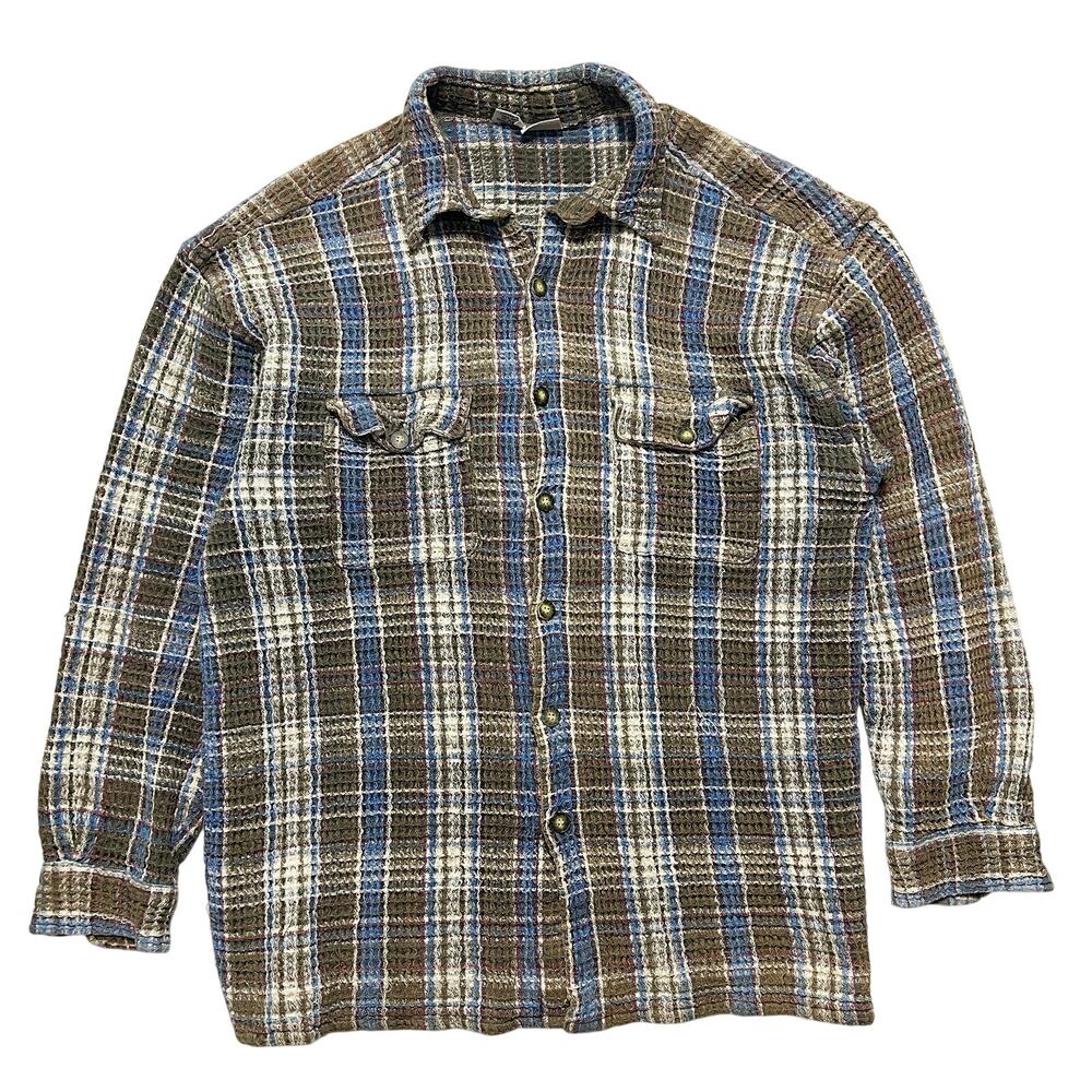 VTG 90’s Anchor Blue Plaid Waffle-Knit Cotton Button-Up Shirt Men’s L Brown Blue